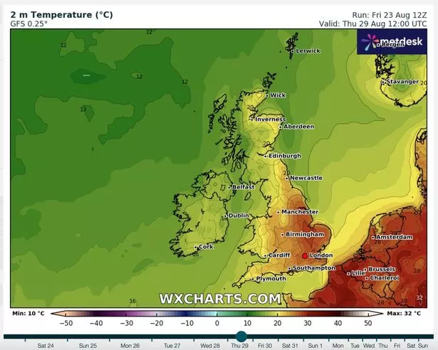英国天气预报称下周气温将达到32度,天气地图将转为红色